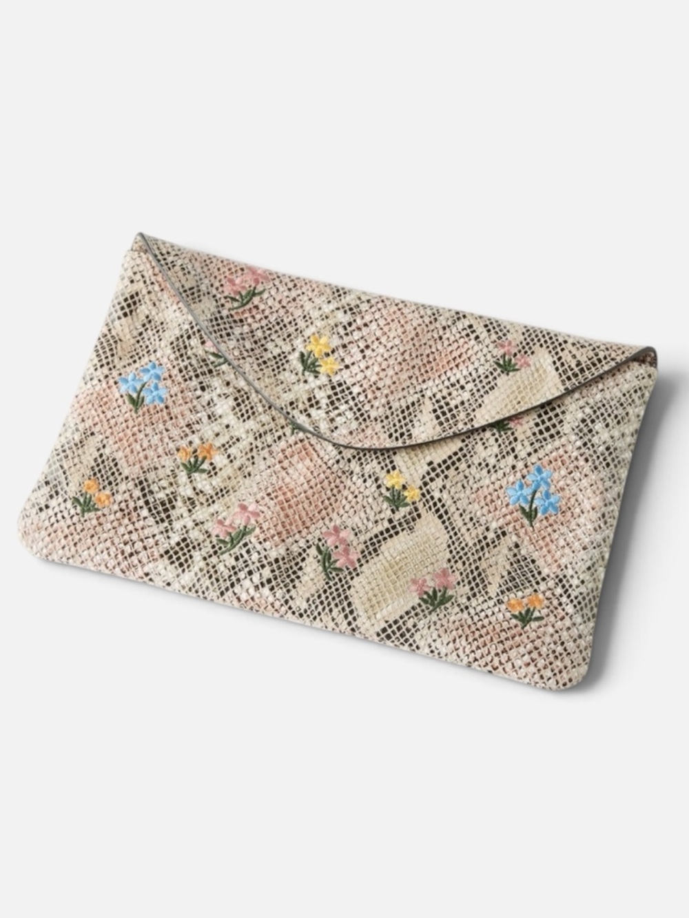 Anthropologie Leather Snake Print Embroidered Floral Clutch Bag
